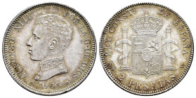 Alfonso XIII (1886-1931). 2 pesetas. 1905*19-05. Madrid. SMV. (Cal-88). Ag. 9,96 g. Tono. EBC+. Est...25,00.