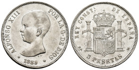 Alfonso XIII (1886-1931). 5 pesetas. 1889*18-89. Madrid. MPM. (Cal-93). Ag. 25,04 g. Rayitas. MBC+. Est...60,00.