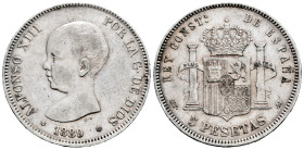 Alfonso XIII (1886-1931). 5 pesetas. 1889*18-89. Madrid. MPM. (Cal-93). Ag. 24,81 g. MBC-/MBC. Est...30,00.