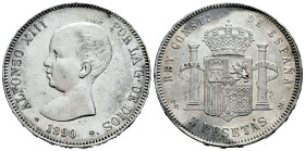 Alfonso XIII (1886-1931). 5 pesetas. 1890*18-90. Madrid. PGM. (Cal-97). Ag. 24,77 g. Ligeramente limpiada. MBC+. Est...40,00.