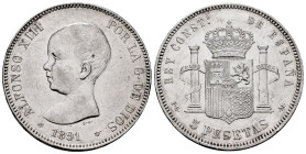 Alfonso XIII (1886-1931). 5 pesetas. 1891 *18-91. Madrid. PGM. (Cal-98). Ag. 24,94 g. Marquitas. Limpiada. MBC. Est...35,00.