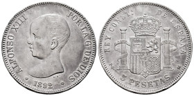 Alfonso XIII (1886-1931). 5 pesetas. 1892 *18-92. Madrid. PGM. (Cal-99). Ag. 24,91 g. Golpecitos en el canto y leves marquitas en anverso. Suave pátin...