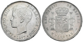 Alfonso XIII (1886-1931). 5 pesetas. 1897*18-97. Madrid. PGV. (Cal-107). Ag. 24,85 g. Golpecito en canto. Ligeramente limpiada. Restos de brillo origi...