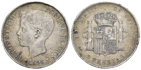 Alfonso XIII (1886-1931). 5 pesetas. 1898*18-98. Madrid. SGV. (Cal-109). Ag. 24,67 g. Golpecitos en el canto. MBC-. Est...25,00.