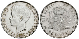 Alfonso XIII (1886-1931). 5 pesetas. 1899*18-99. Madrid. SGV. (Cal-110). Ag. 25,20 g. Anverso limpiado. EBC-. Est...75,00.