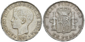 Alfonso XIII (1886-1931). 1 peso. 1897. Manila. SGV. (Cal-122). Ag. 24,95 g. Golpes en el canto. MBC+/MBC. Est...150,00.