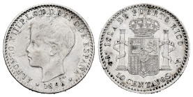 Alfonso XIII (1886-1931). 10 centavos. 1896. Puerto Rico. PGV. (Cal-125). Ag. 2,53 g. Rayas en anverso. MBC/MBC+. Est...60,00.