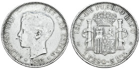 Alfonso XIII (1886-1931). 1 peso. 1895. Puerto Rico. (Cal-1895). Ag. 24,66 g. Sirvió como joya. Soldadura reparada en anverso. MBC-. Est...200,00.