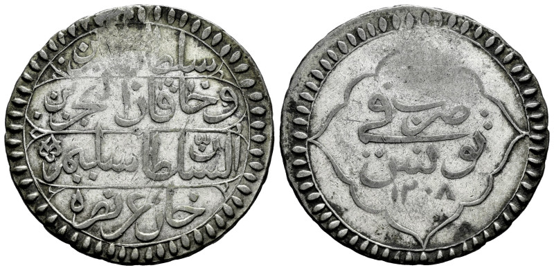 Imperio Otomano. Selim III (1789-1807). 1 riyal. 1208 H. Túnez. (Km-72.2). Ag. 1...