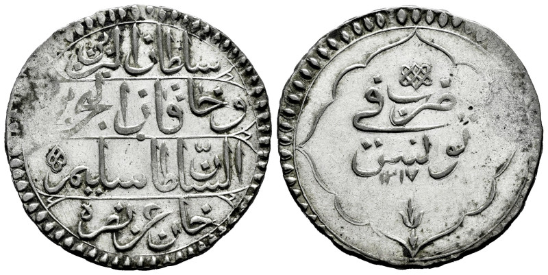 Imperio Otomano. Selim III (1789-1807). 1 riyal. 1217 H. Túnez. (Km-72.2). Ag. 1...