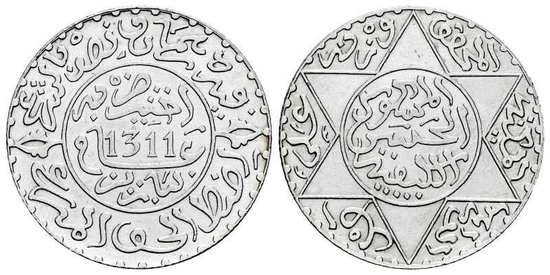 Marruecos. Moulay Al-Hasan I. 2 1/2 dirhams. 1311 H. París. (Km-Y#6). Ag. 7,24 g...