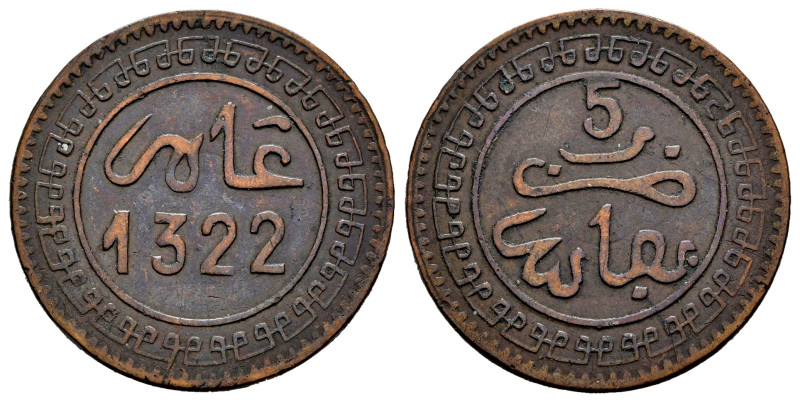 Marruecos. Abd Al-Aziz. 5 mazunas. 1322 H. Fez. (Km-Y#16.2). Ae. 4,80 g. Reverso...