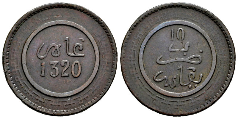 Marruecos. Abd Al-Aziz. 10 mazunas. 1320 H . Fez. (Km-Y#17.3). Ae. 9,73 g. Letra...