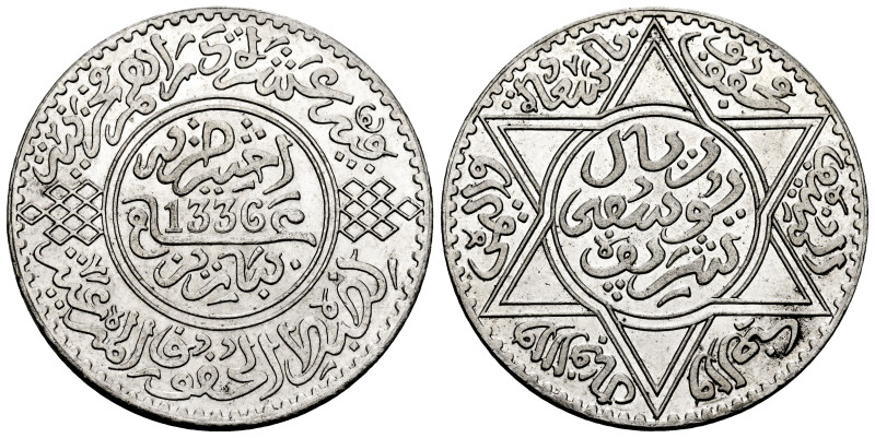 Marruecos. Yusuf. 10 dirhams. 1336 H (1917). París. (Km-33). Ag. 25,00 g. Brillo...