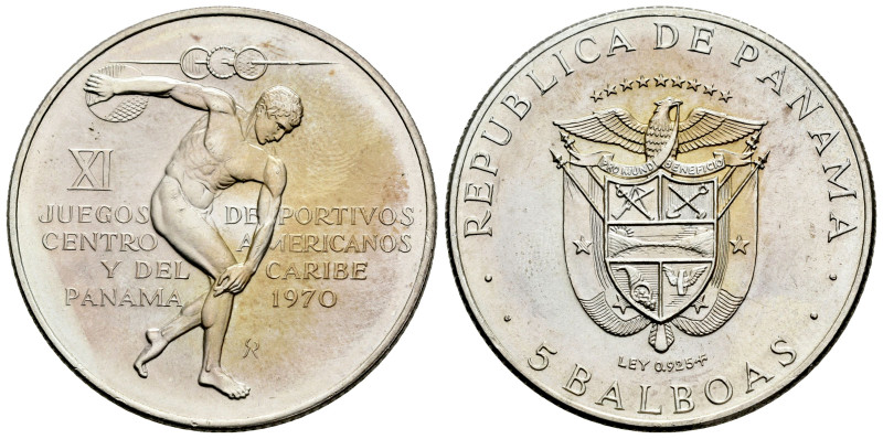 Panamá. 5 balboas. 1970. (Km-28). Ag. 35,85 g. 11º Juegos de América Central y C...