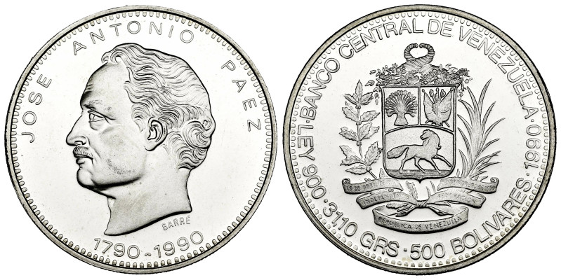 Venezuela. 500 bolívares. 1990. (Km-Y64). Ag. 31,05 g. PROOF. Est...30,00.