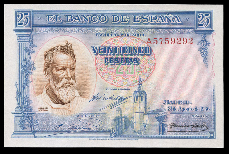 25 pesetas. 1936. Madrid. (Ed-367a). 31 de agosto, Joaquín Sorolla. Serie A. SC....