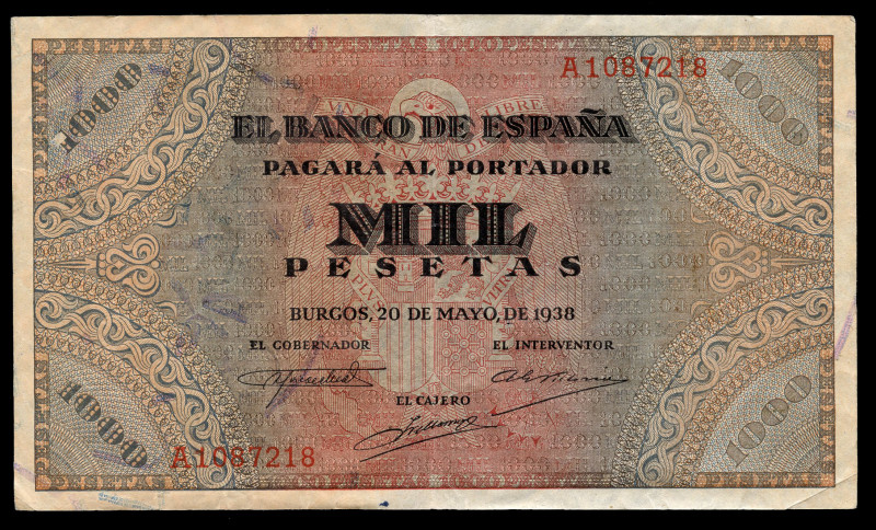 1000 pesetas. 1938. Burgos. (Ed-434). 20 de mayo, cuadro "Defensa del púlpito de...