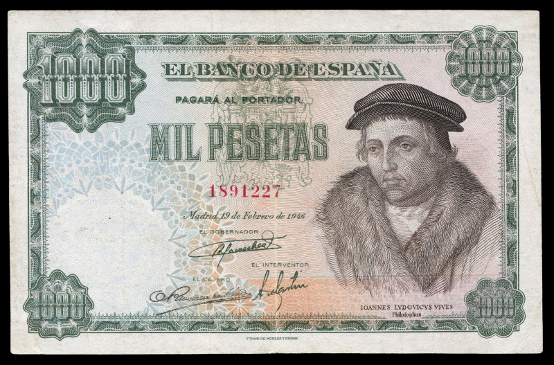 1000 pesetas. 1946. Madrid. (Ed-453). 19 de febrero, Luis Vives. Sin serie. Dobl...