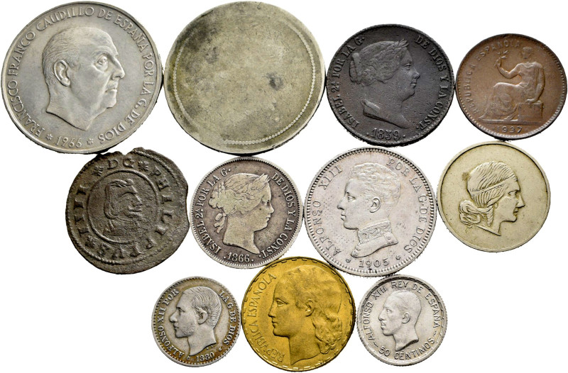 Lote de 11 monedas de España. Comprendiendo desde Felipe IV a Estado Español. Gr...