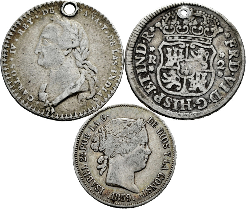 Lote de 3 piezas de plata de la monarquía española, 2 reales México 1755 (con pe...