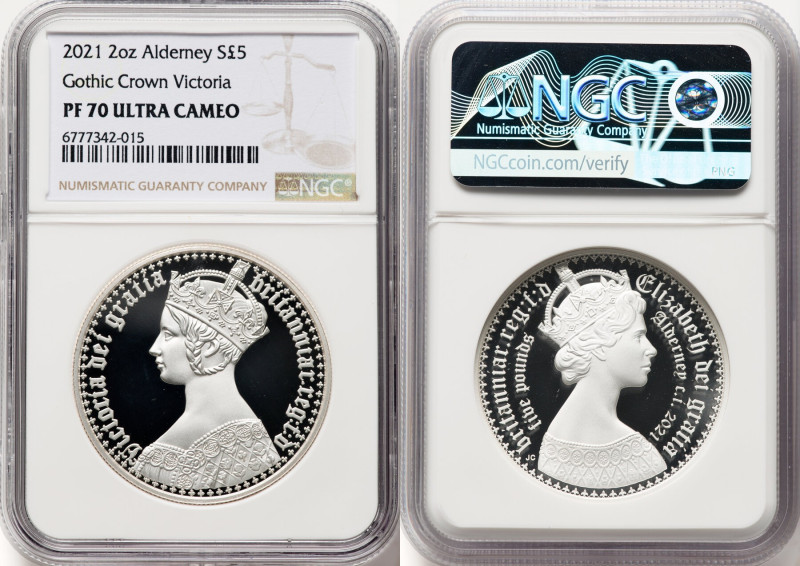 British Dependency. Elizabeth II silver Proof "Gothic Crown - Portrait" 5 Pounds...