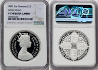 British Dependency. Elizabeth II silver Proof "Gothic Crown - Quartered Arms" 5 Pounds (2 oz) 2021 PR70 Ultra Cameo NGC Commonwealth mint, KM-Unl. Min...