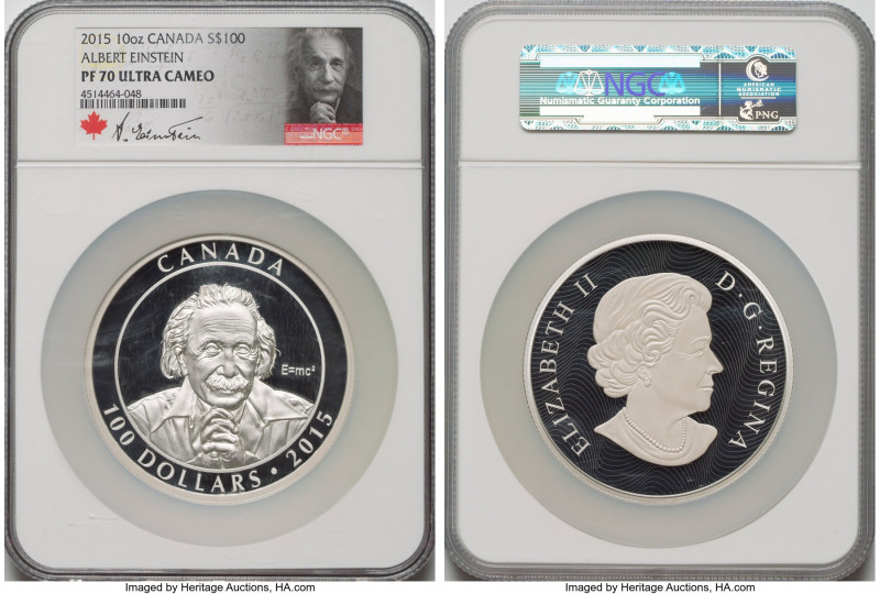 Elizabeth II silver Proof "Albert Einstein" 100 Dollars (10 oz) 2015 PR70 Ultra ...