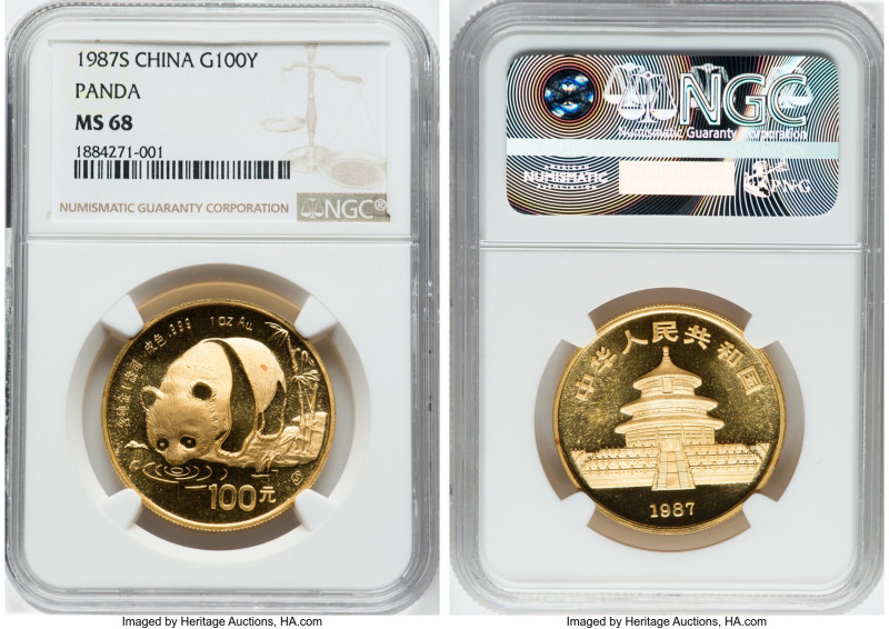 People's Republic gold Panda 100 Yuan 1987-S MS68 NGC, Shanghai mint, KM166. HID...