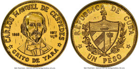 Republic brass Proof Off-Metal Strike "Carlos Manuel De Cespedes" Peso 1977 PR65 NGC, KM-Unl. Rare trial strike in brass. Plain edge. HID09801242017 ©...