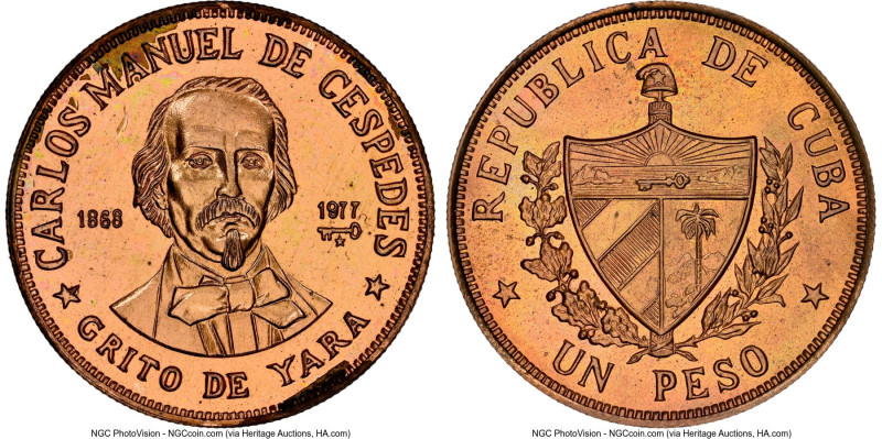 Republic copper Proof Off-Metal Strike "Carlos Manuel De Cespedes" Peso 1977 PR6...