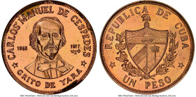 Republic copper Proof Off-Metal Strike "Carlos Manuel De Cespedes" Peso 1977 PR65 Red and Brown NGC, Rare trial strike in copper. Reeded edge. HID0980...