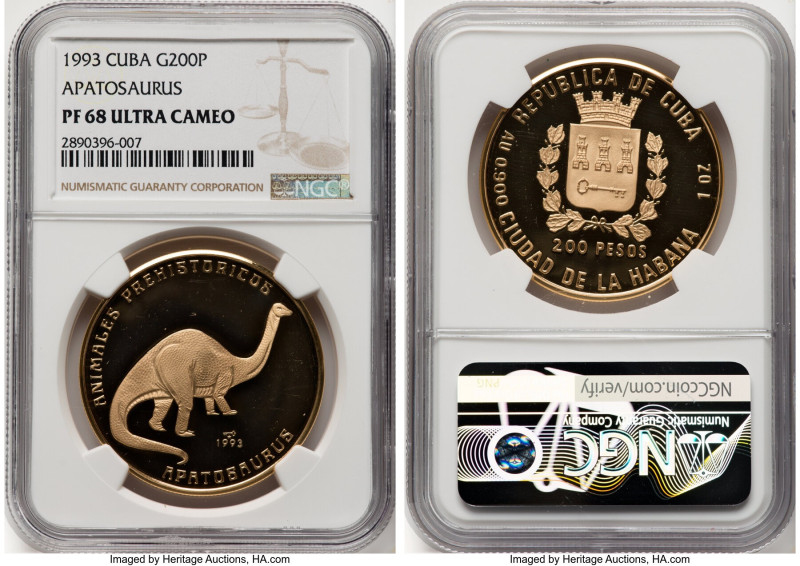 Republic gold Proof "Apatosaurus" 200 Pesos 1993 PR68 Ultra Cameo NGC, KM543. Mi...