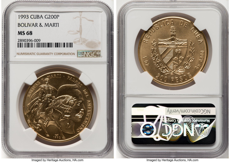 Republic gold "Bolivar & Marti" 200 Pesos 1993 MS68 NGC, KM542. HID09801242017 ©...