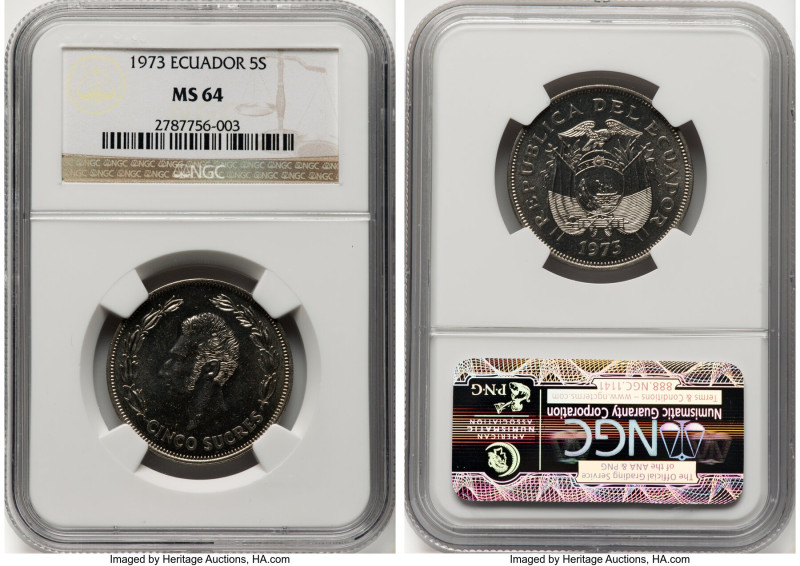 Republic 5 Sucres 1973 MS64 NGC, KM84. One year type and a modern rarity with mo...