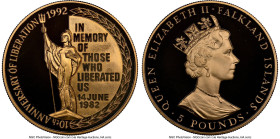 Elizabeth II gold Proof "Liberation - 10th Anniversary" 5 Pounds 1992 PR68 Ultra Cameo NGC, KM36b. Mintage of only 100 pieces. Accompanied by original...