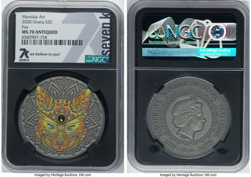 Elizabeth II silver "Mandala Art - Fox" 2 Cedis (1/2 oz) 2020 MS70 Antiqued NGC,...