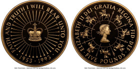 Elizabeth II gold Proof "40th Anniversary of Reign" 5 Pounds 1993 PR69 Ultra Cameo NGC, KM965b. Accompanied by original case of issue and COA #1571. H...
