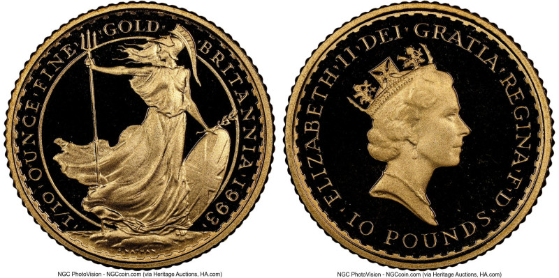 Elizabeth II gold Proof "Britannia" 10 Pounds 1993 PR70 Ultra Cameo NGC, KM950a....