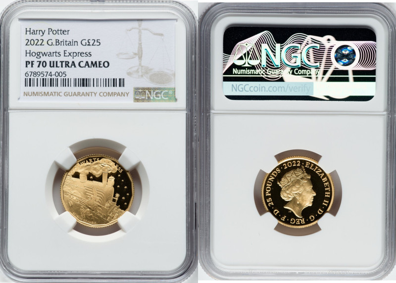 Elizabeth II gold Proof "Hogwarts Express" 25 Pounds (1/4 oz) 2022 PR70 Ultra Ca...