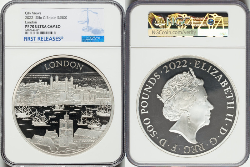 Elizabeth II silver Proof "London" 500 Pounds (1 Kilo) 2022 PR70 Ultra Cameo NGC...