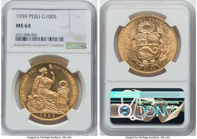 Republic gold 100 Soles 1959 MS64 NGC, Lima mint, KM231. HID09801242017 © 2023 H...