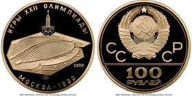 USSR gold Proof "Velodrome - 1980 Olympics" 100 Roubles 1979-(l) PR70 Ultra Cameo NGC, Leningrad mint, KM-Y173. HID09801242017 © 2023 Heritage Auction...
