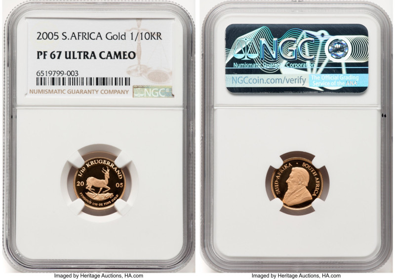 Republic gold Proof 1/10 Krugerrand 2005 PR67 Ultra Cameo NGC, KM105. HID0980124...