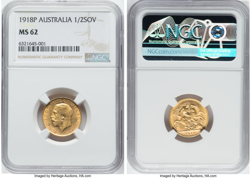 George V gold 1/2 Sovereign 1918-P MS62 NGC, Perth mint, KM28, S-4008. Arguably ...