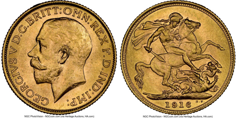 George V gold Sovereign 1916-M MS65 NGC, Melborne mint, KM29, S-4000. Single fin...