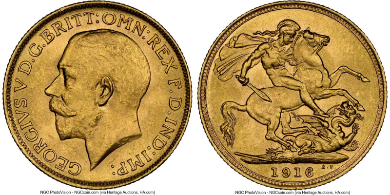 George V gold Sovereign 1916-S MS65 NGC, Sydney mint, KM29, S-4003. A delightful...