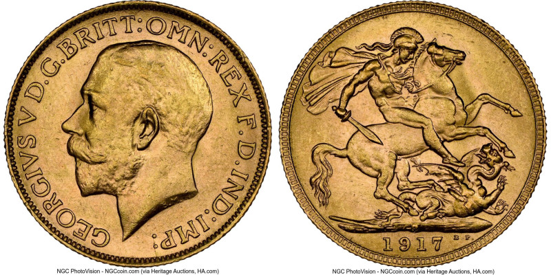 George V gold Sovereign 1917-P MS65 NGC, Perth mint, KM29, S-4001. Tied with ano...