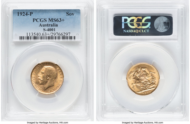 George V gold Sovereign 1924-P MS63+ PCGS, Perth mint, KM29, S-4001. Blessed wit...