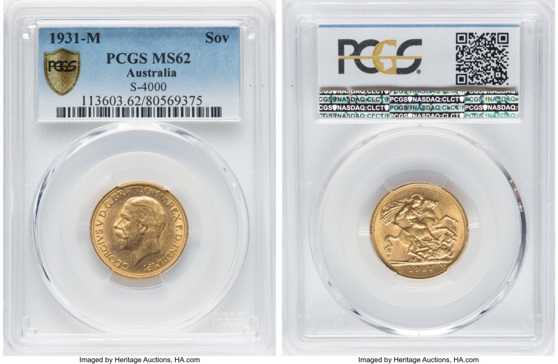 George V gold Sovereign 1931-M MS62 PCGS, Melbourne mint, KM32, S-4000. A deligh...